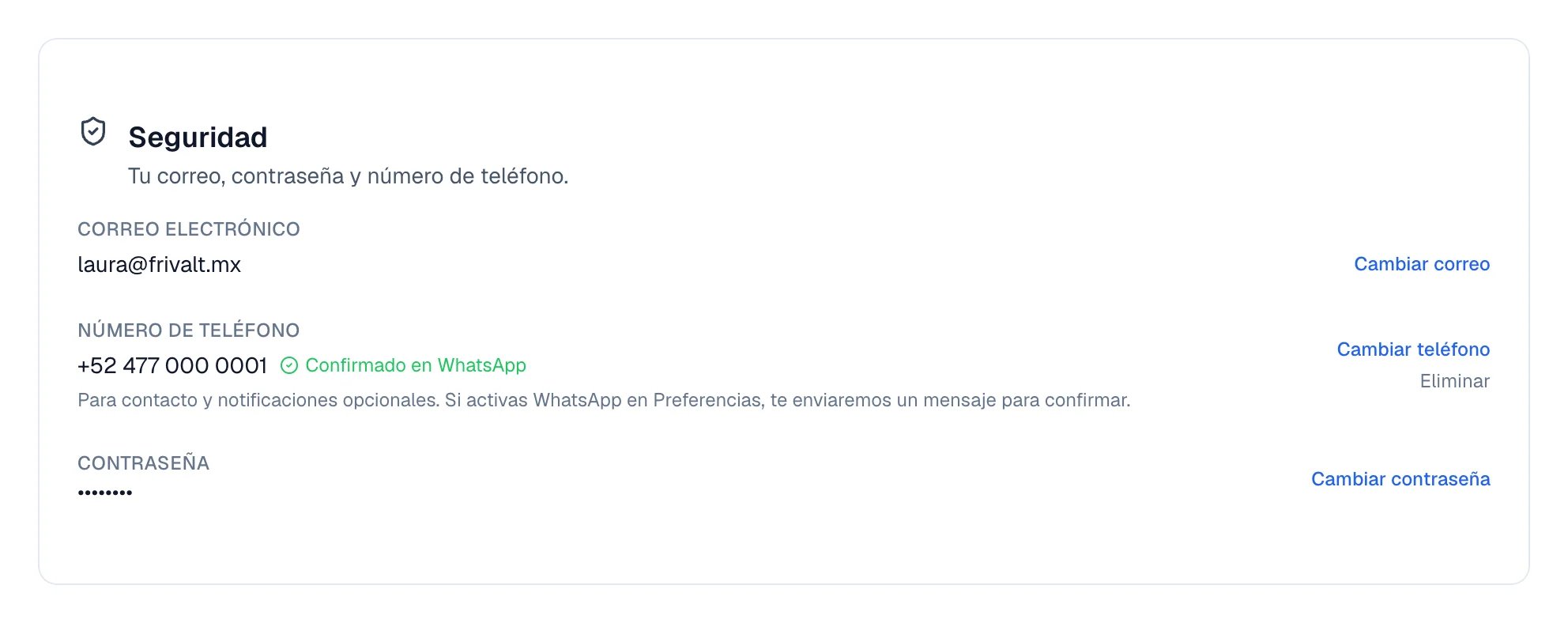 Sección Seguridad con el correo, el número de teléfono marcado Confirmado en WhatsApp y la contraseña.