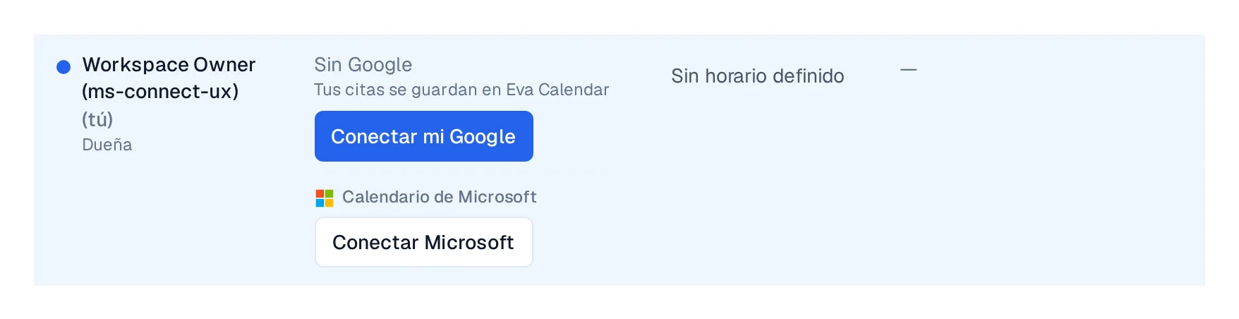 Fila de Equipo con la línea Calendario de Microsoft y el botón Conectar Microsoft.