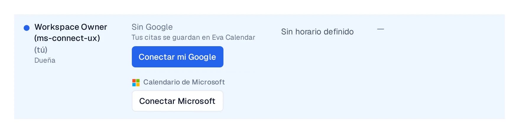 Fila de Equipo con la línea Calendario de Microsoft y el botón Conectar Microsoft.