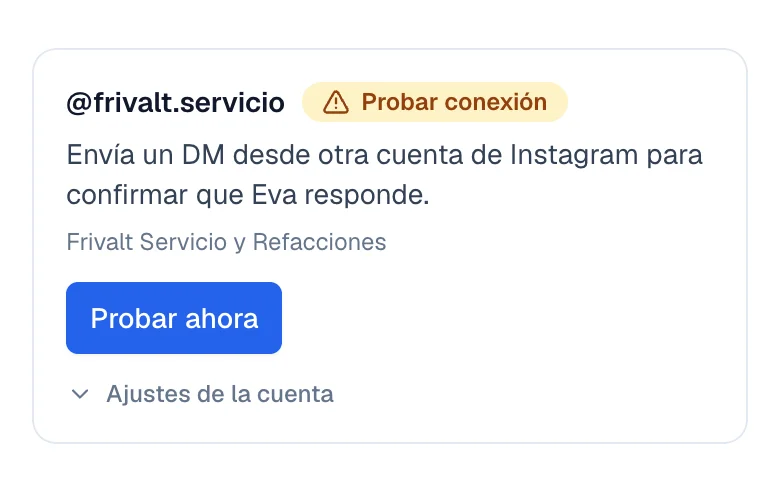 Cuenta de Instagram conectada con la etiqueta Probar conexión y el botón para probarla.
