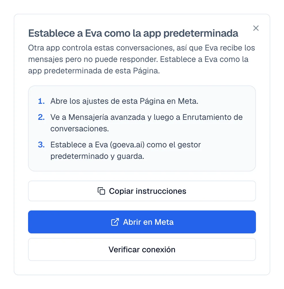 Ventana con los pasos para dejar a Eva como app predeterminada y el botón para verificar.