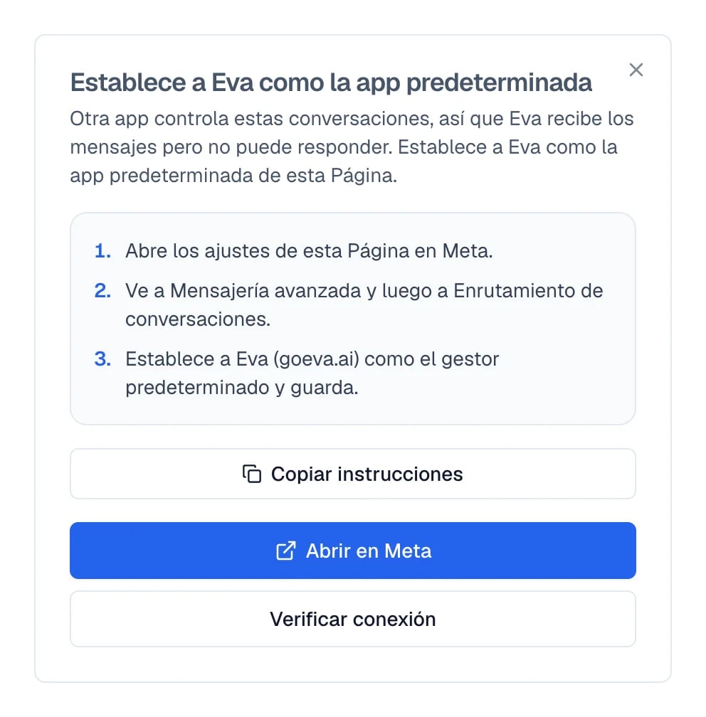 Ventana con los pasos para dejar a Eva como app predeterminada y el botón para verificar.