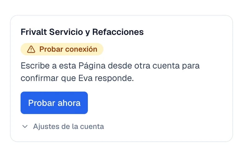 Página de Facebook conectada con la etiqueta Probar conexión y el botón para probarla.