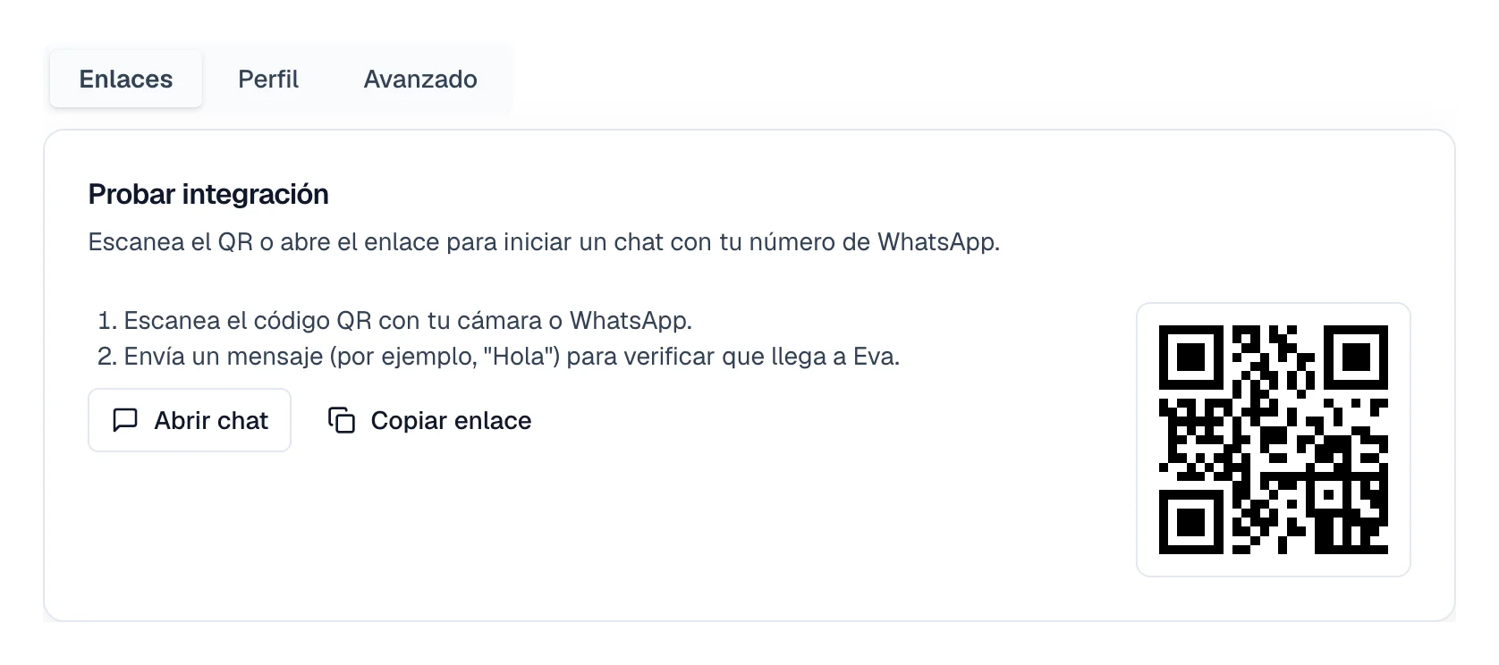 Bloque Probar integración con el código QR a la derecha y los botones Abrir chat y Copiar enlace.