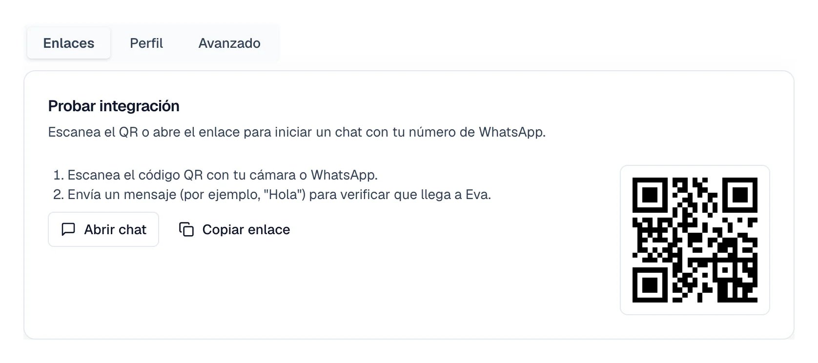Bloque Probar integración con el código QR a la derecha y los botones Abrir chat y Copiar enlace.