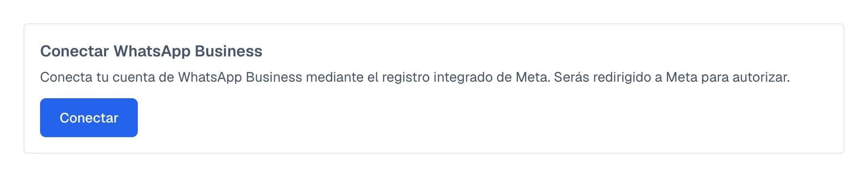 Tarjeta Conectar WhatsApp Business con su botón Conectar y, arriba, el enlace Ver opciones para regresar.
