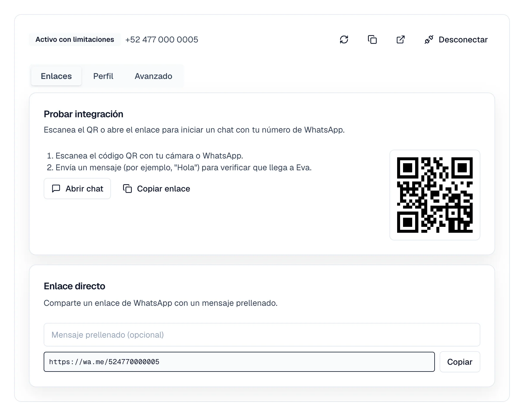 Aviso de que Meta está revisando el negocio y etiqueta Activo con limitaciones junto al número conectado.