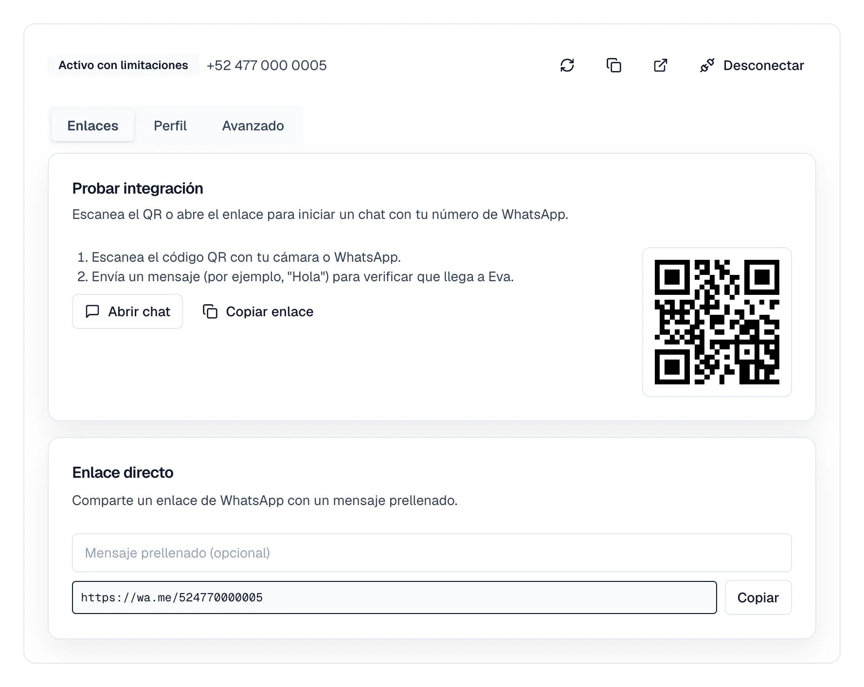Aviso de que Meta está revisando el negocio y etiqueta Activo con limitaciones junto al número conectado.