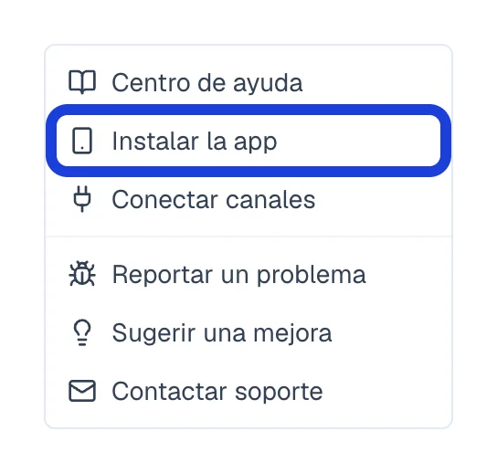 El menú de ayuda de Eva con la opción Instalar la app marcada.