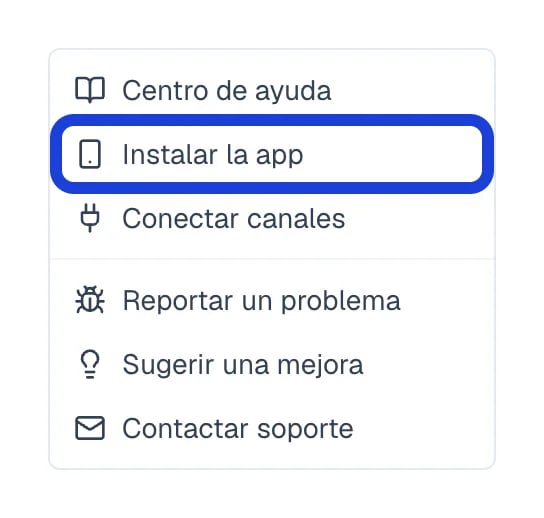 El menú de ayuda de Eva con la opción Instalar la app marcada.