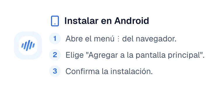 La pantalla de instalación en Android, con los tres pasos para el menú del navegador.