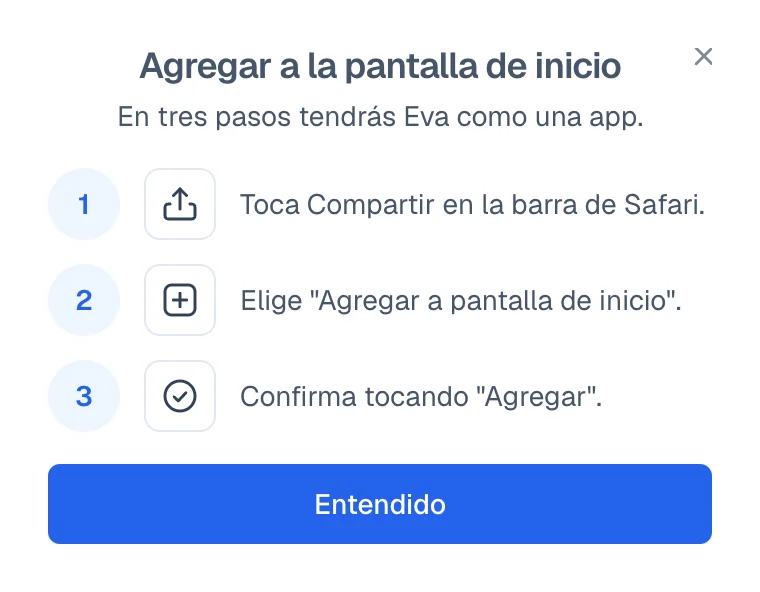 Guía de Eva con tres pasos: Compartir, Agregar a pantalla de inicio y confirmar con Agregar.