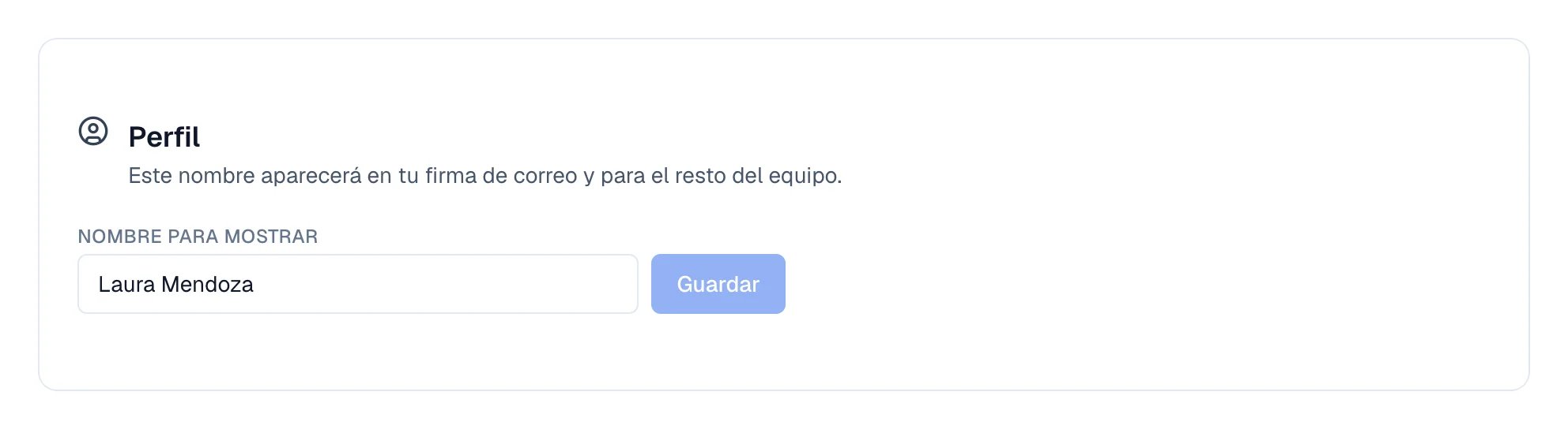 Sección Perfil con el campo Nombre para mostrar y el botón Guardar al lado.