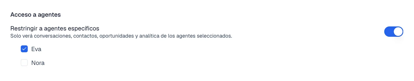 El interruptor Restringir a agentes específicos encendido y debajo la casilla del agente Eva.