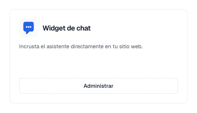 Tarjeta Widget de chat con la etiqueta Se requiere configurar dominio y el botón Administrar.
