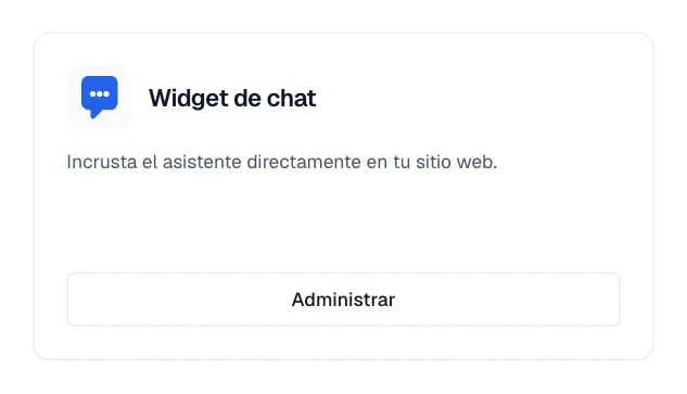 Tarjeta Widget de chat con la etiqueta Se requiere configurar dominio y el botón Administrar.