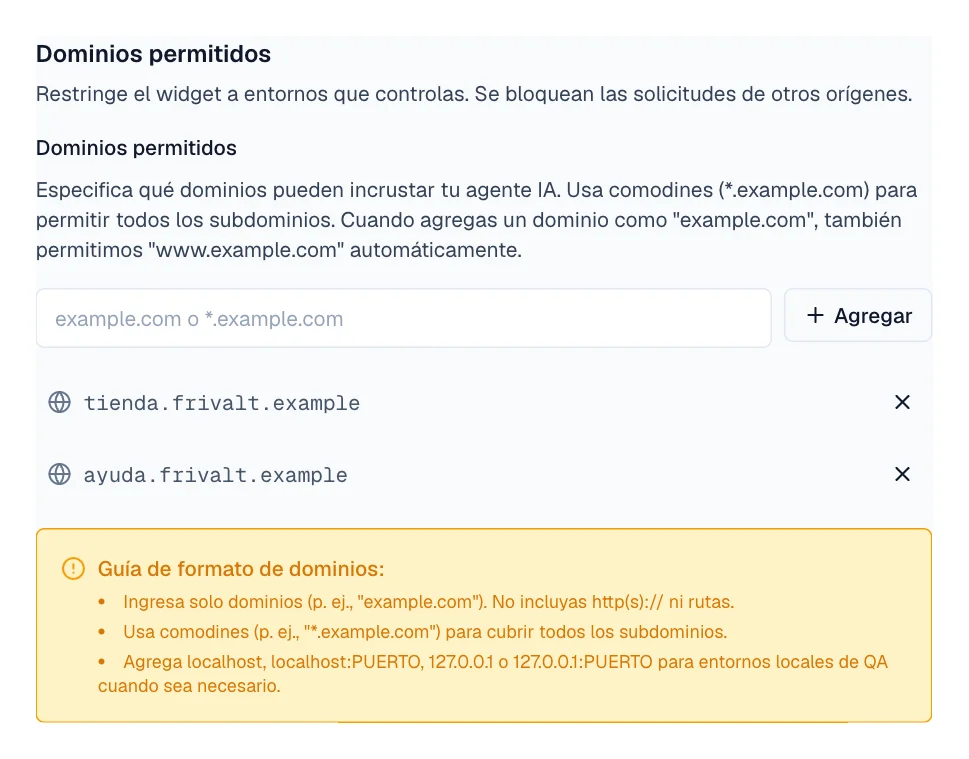 Bloque Dominios permitidos con el campo de dominio, el botón Agregar y la lista vacía.