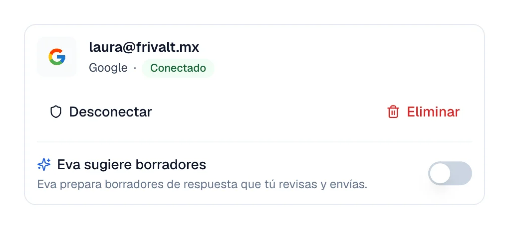 Tarjeta de Gmail conectada con la insignia verde Conectado.