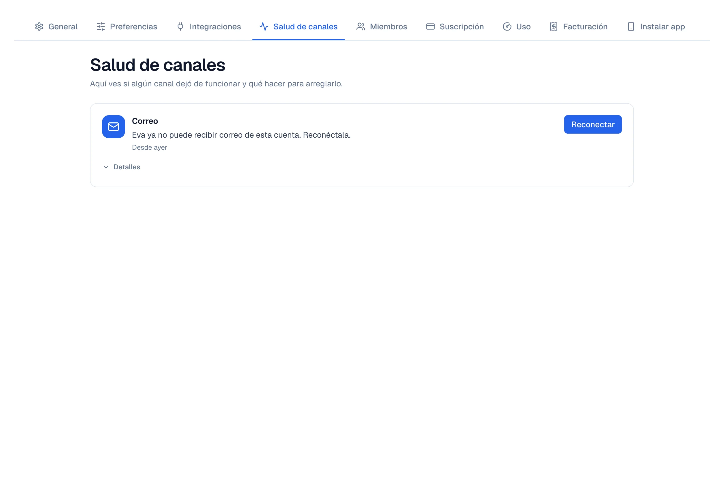 Página Salud de canales con una incidencia de Correo y el botón Reconectar.