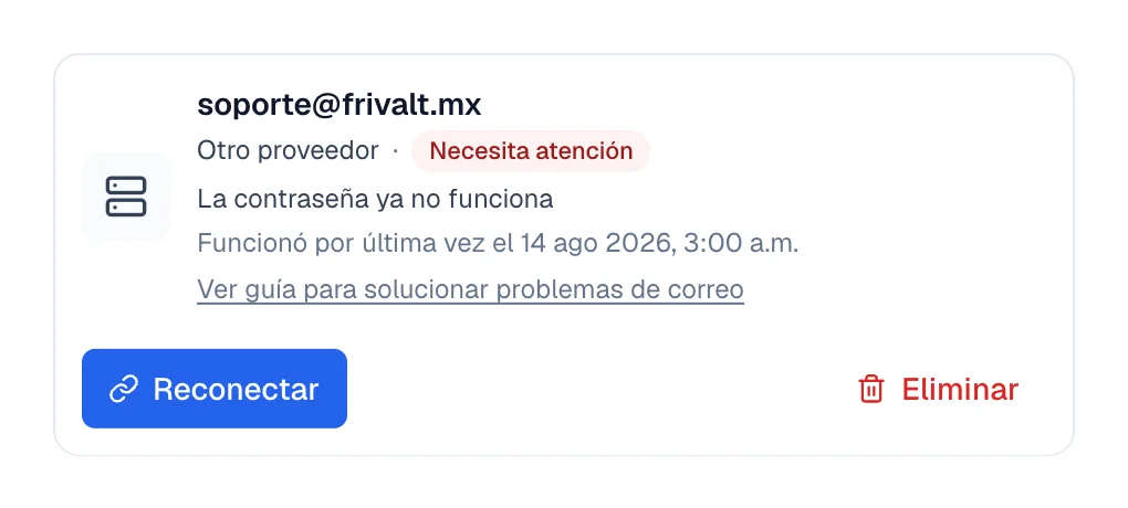 Tarjeta con Necesita atención, la causa y la última vez que funcionó.