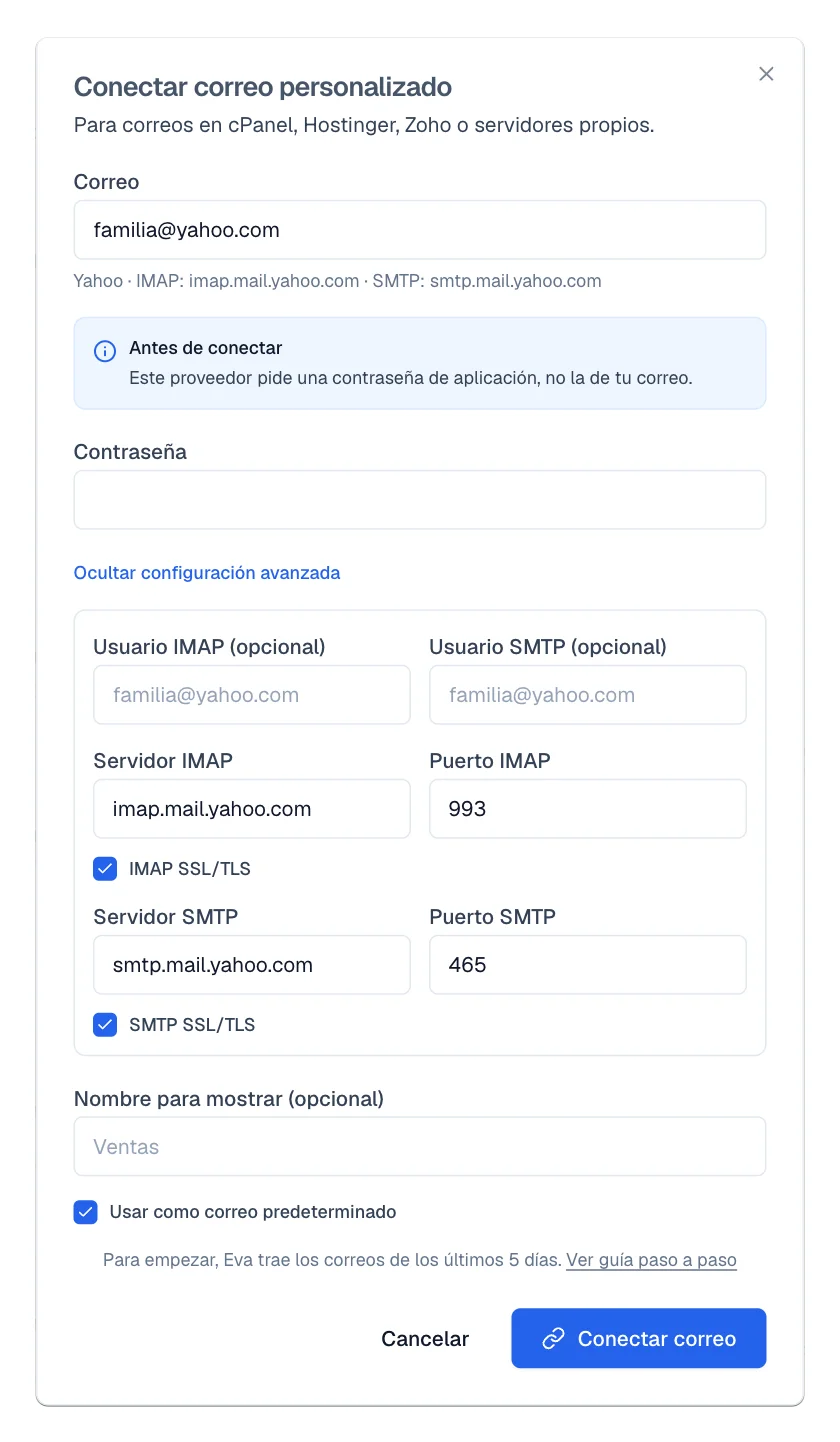 Sección avanzada con servidor y puerto IMAP y SMTP y los usuarios opcionales.