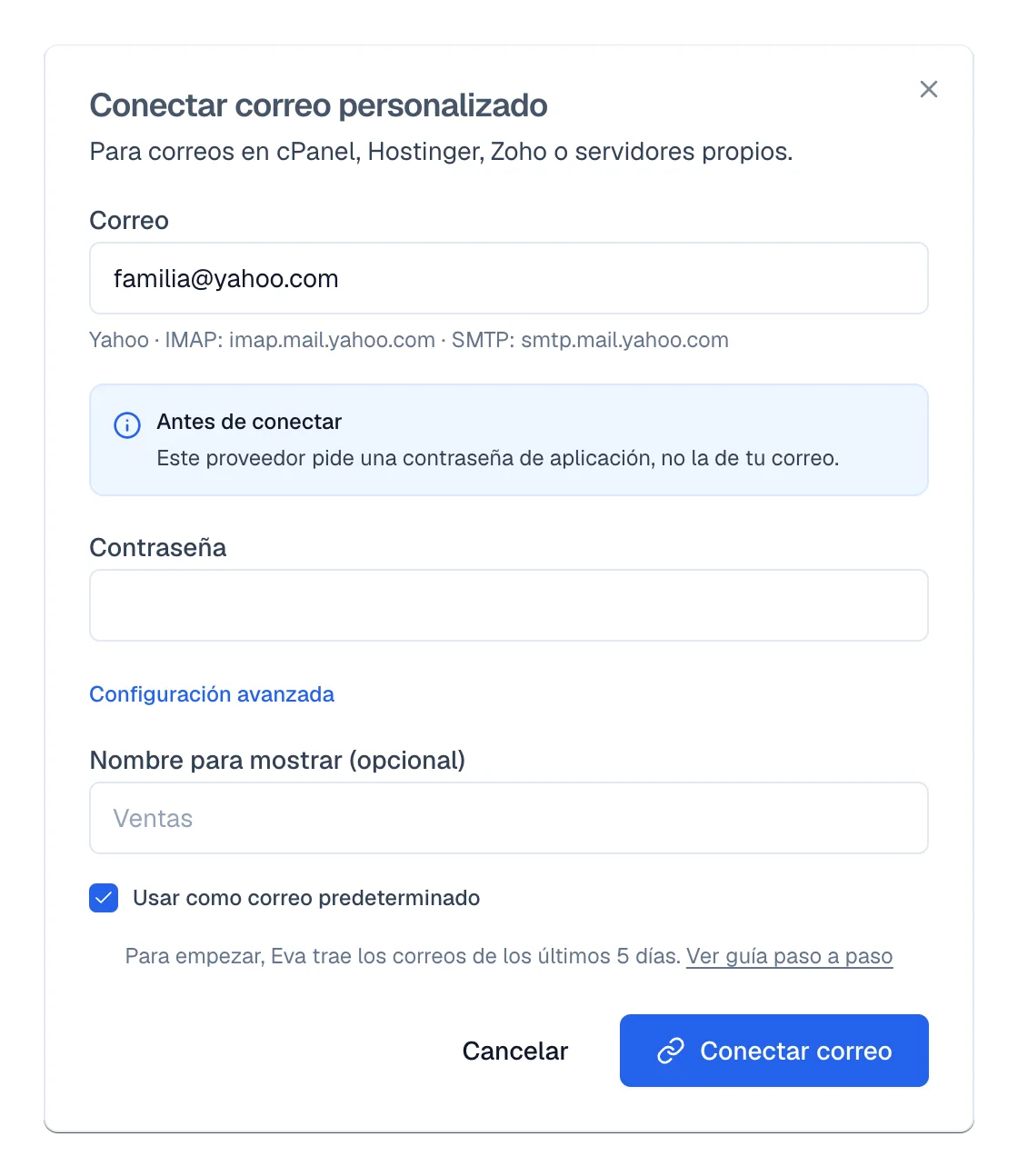 Formulario con el proveedor detectado y los servidores IMAP y SMTP debajo del correo.
