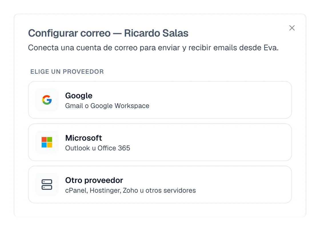 Diálogo con las opciones Google, Microsoft y Otro proveedor.