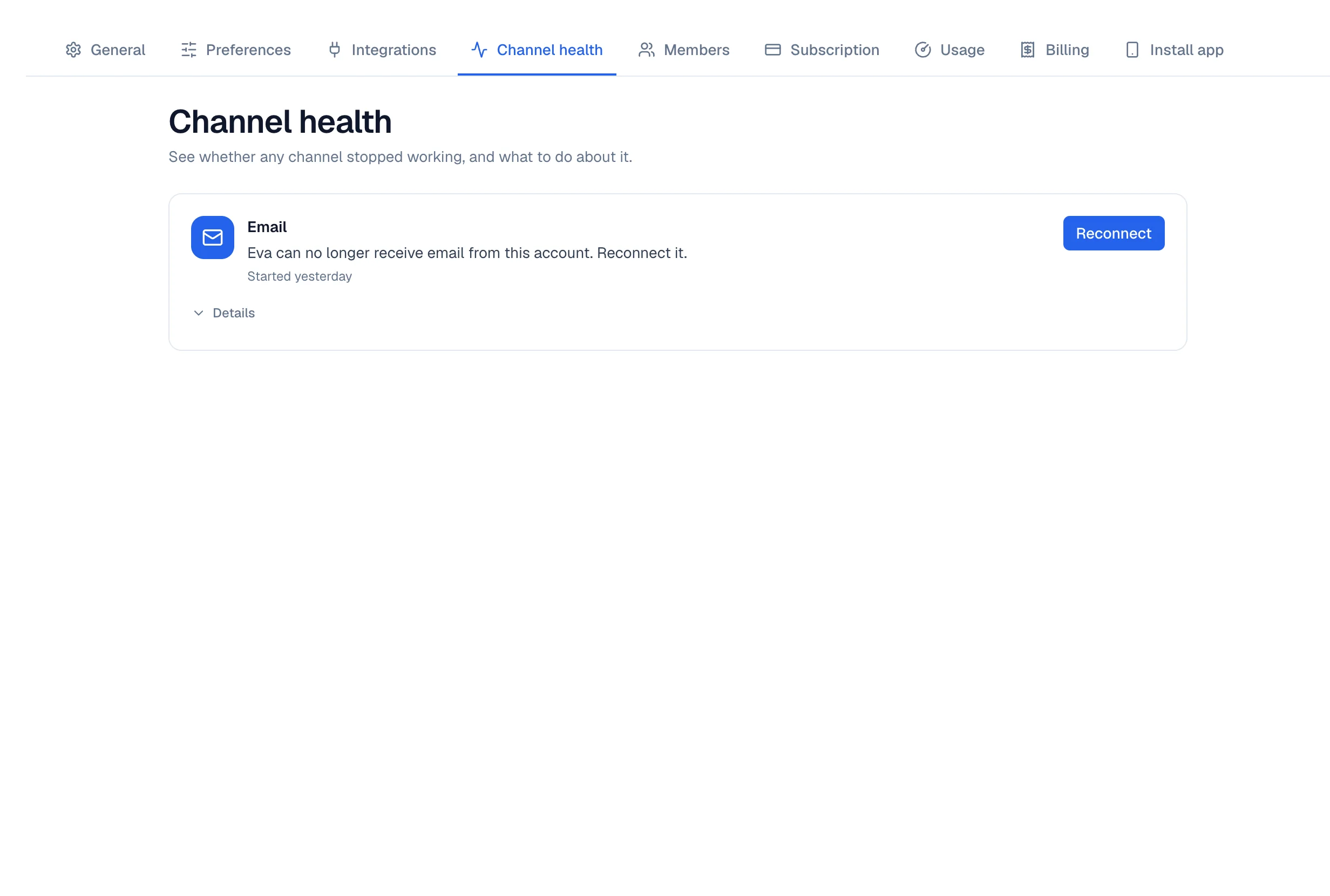 Channel health page with an Email incident and the Reconnect button.
