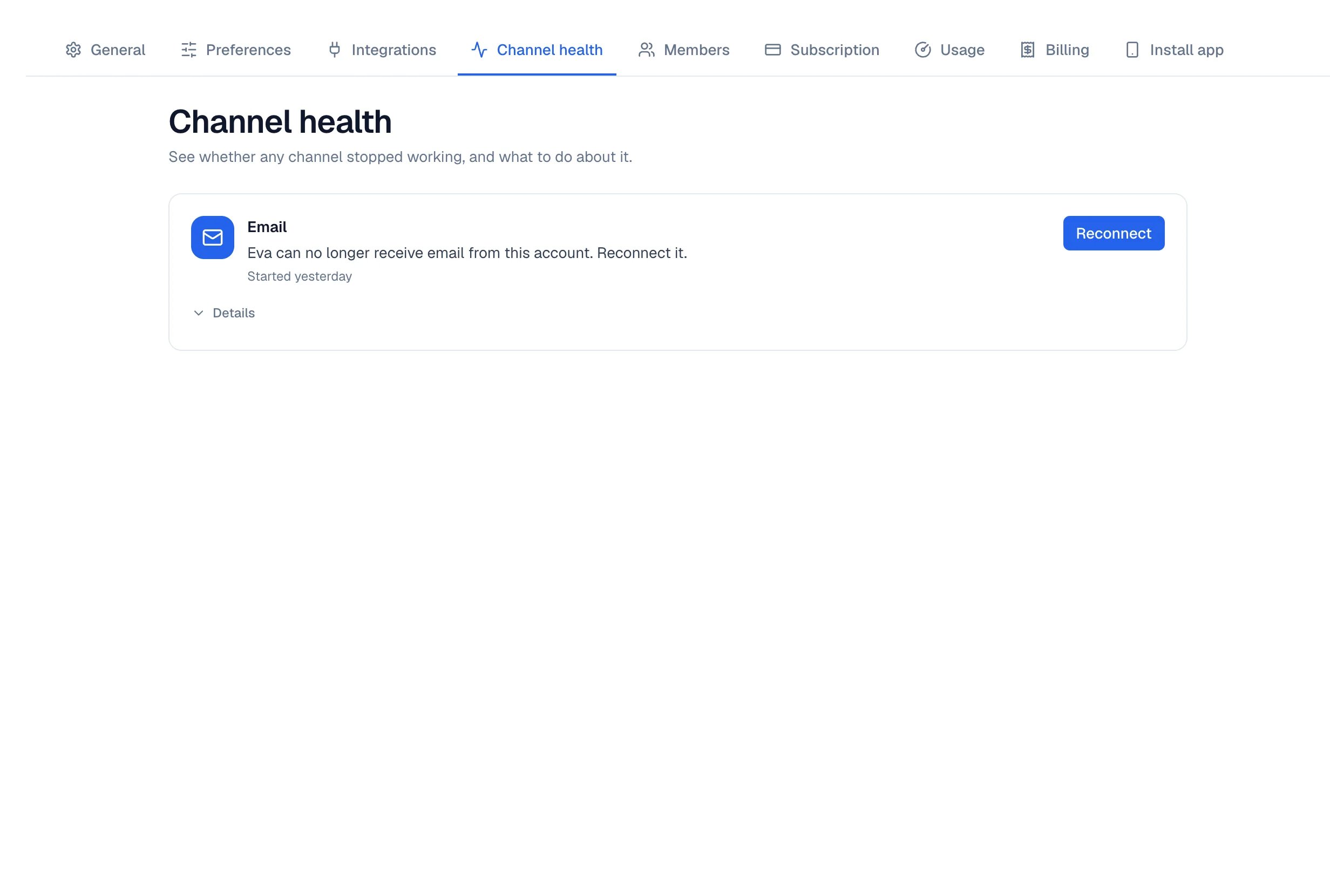 Channel health page with an Email incident and the Reconnect button.