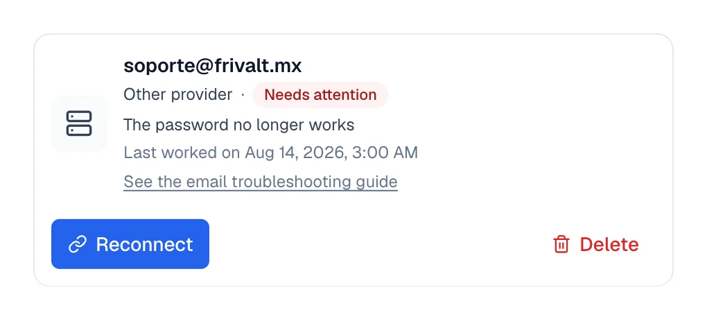 Card with the Needs attention badge, the cause, when it last worked, and the Reconnect button.