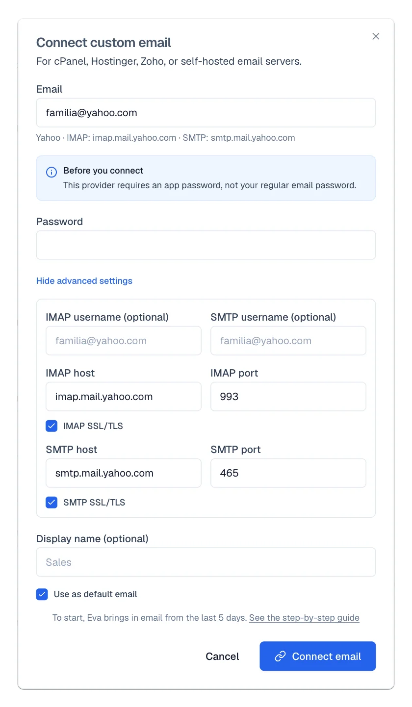 Advanced section with IMAP and SMTP host, port and the optional usernames.