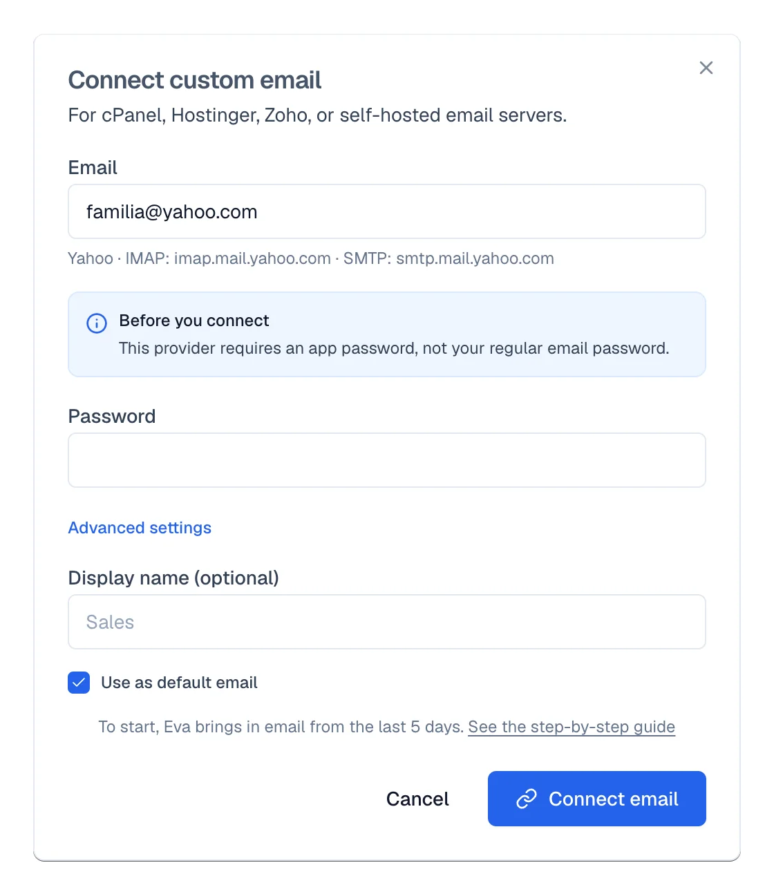 Form with the detected provider and the IMAP and SMTP servers under the email field.
