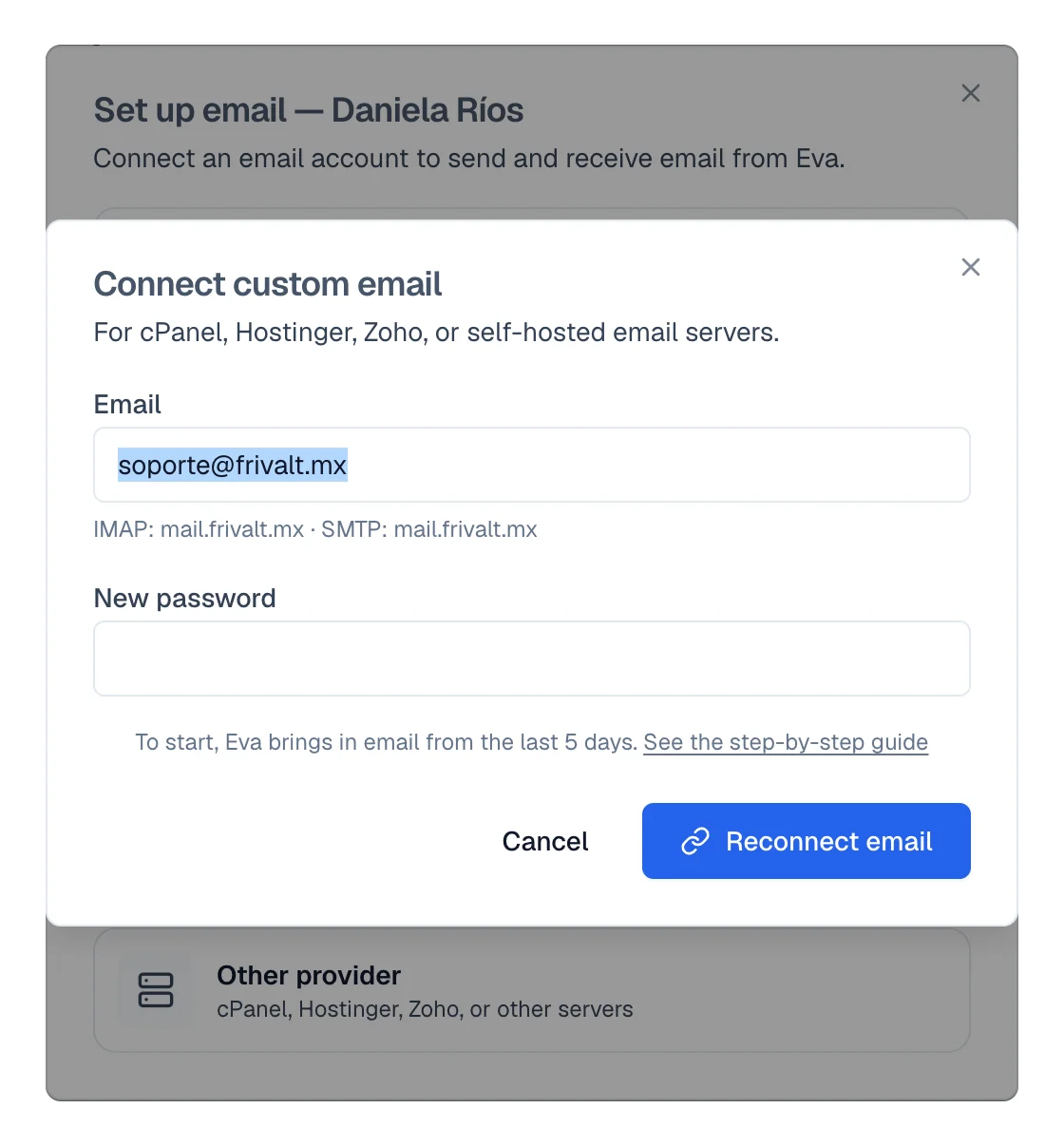 Reconnect form with the address kept and the empty New password field.