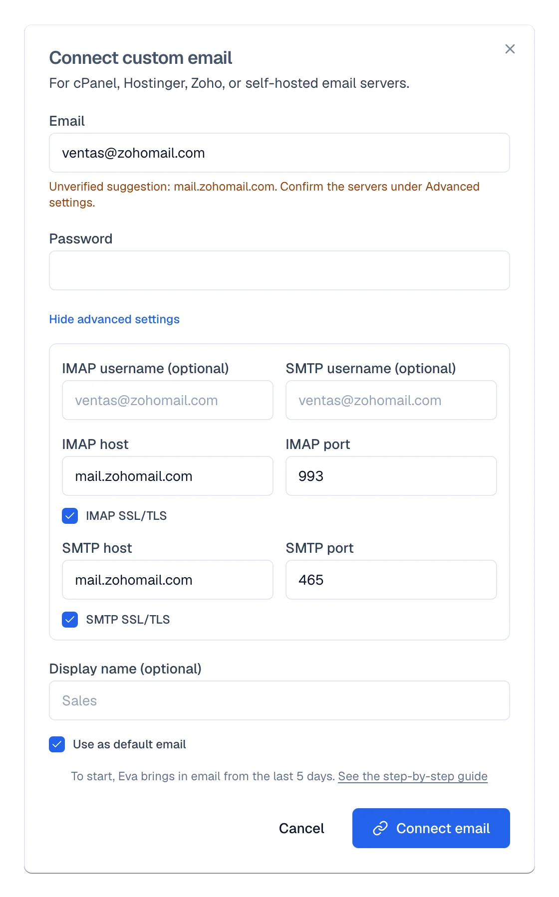 Form with a Zoho address, the server suggestion and the advanced settings expanded.
