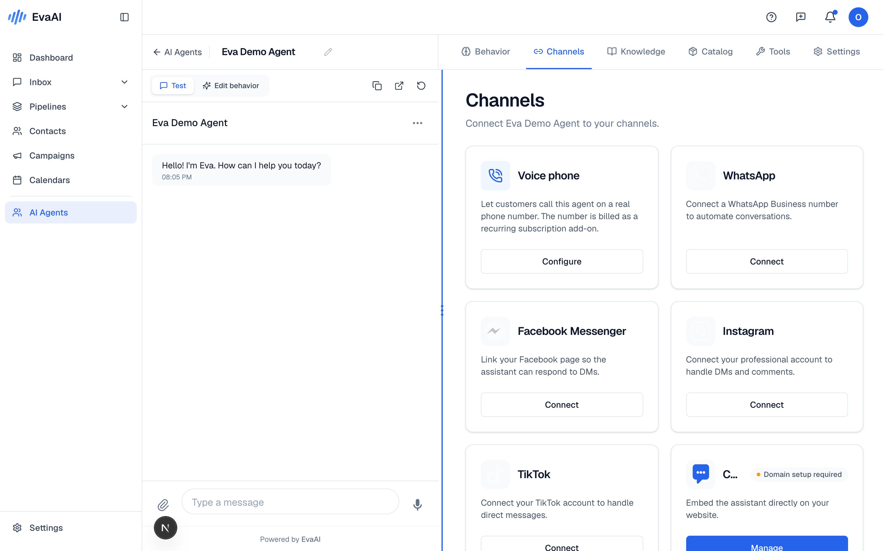 An agent's channel cards, with WhatsApp among the options