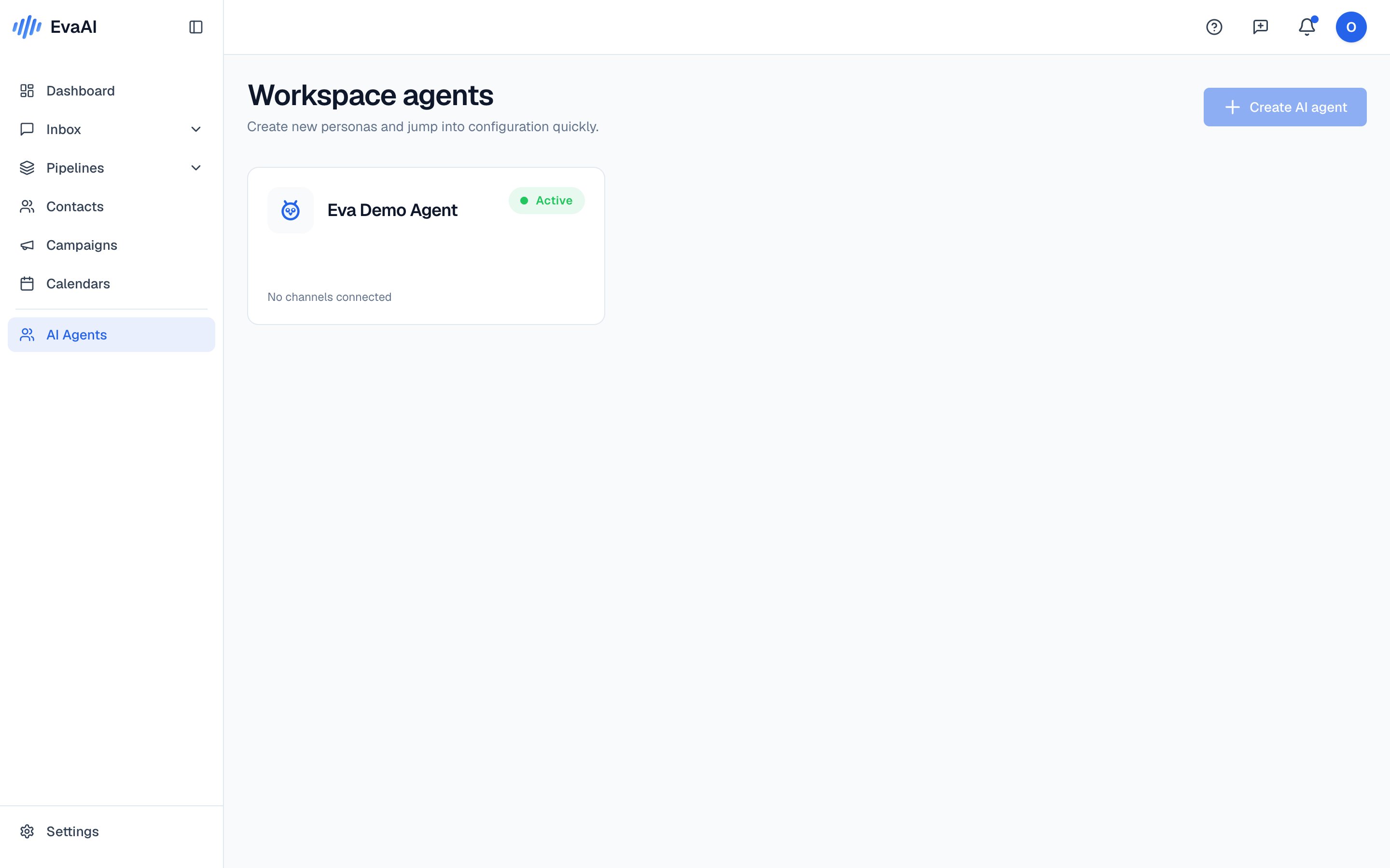 The AI Agents screen with the button to create your first agent