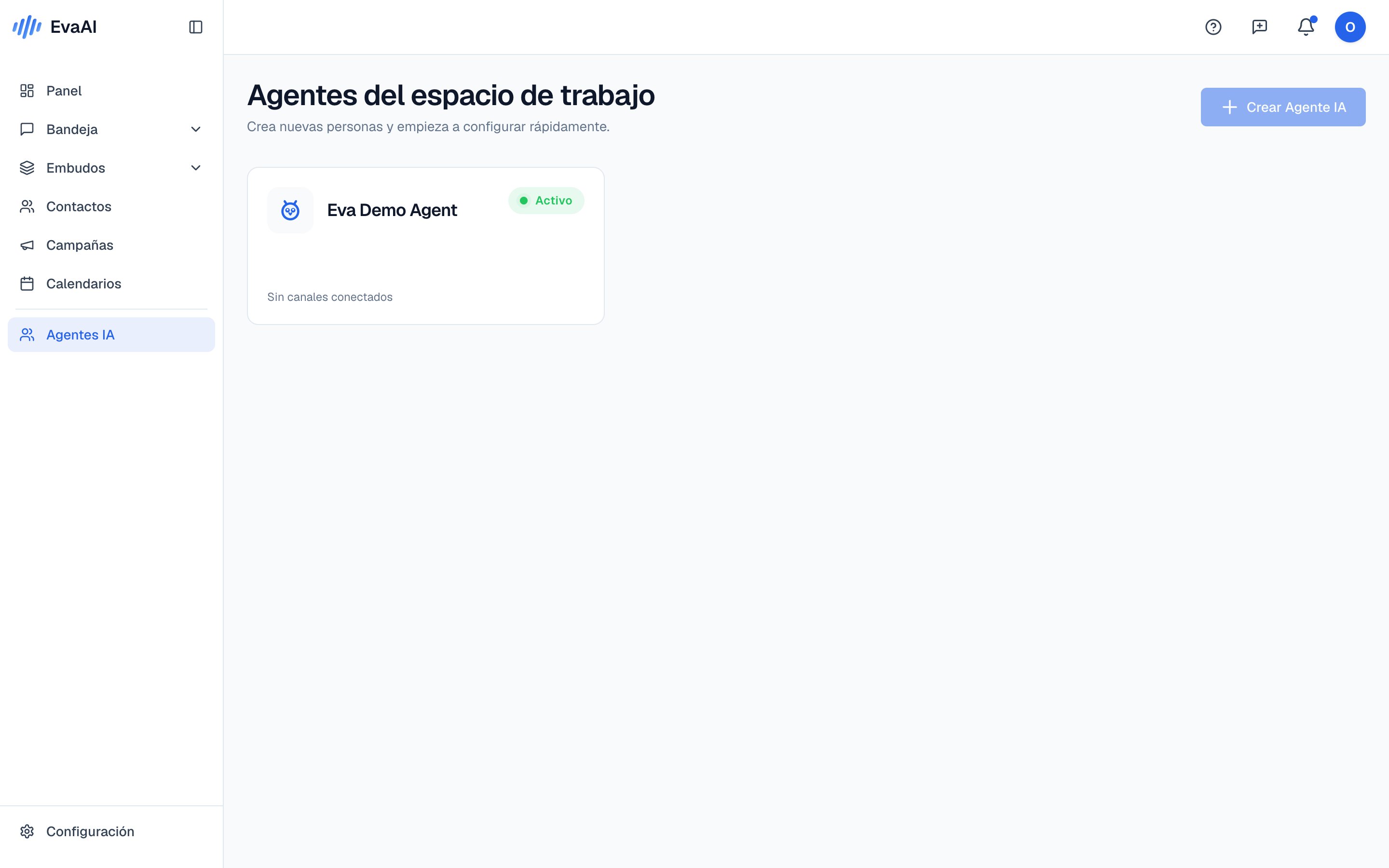 Pantalla de Agentes IA con el botón para crear tu primer agente