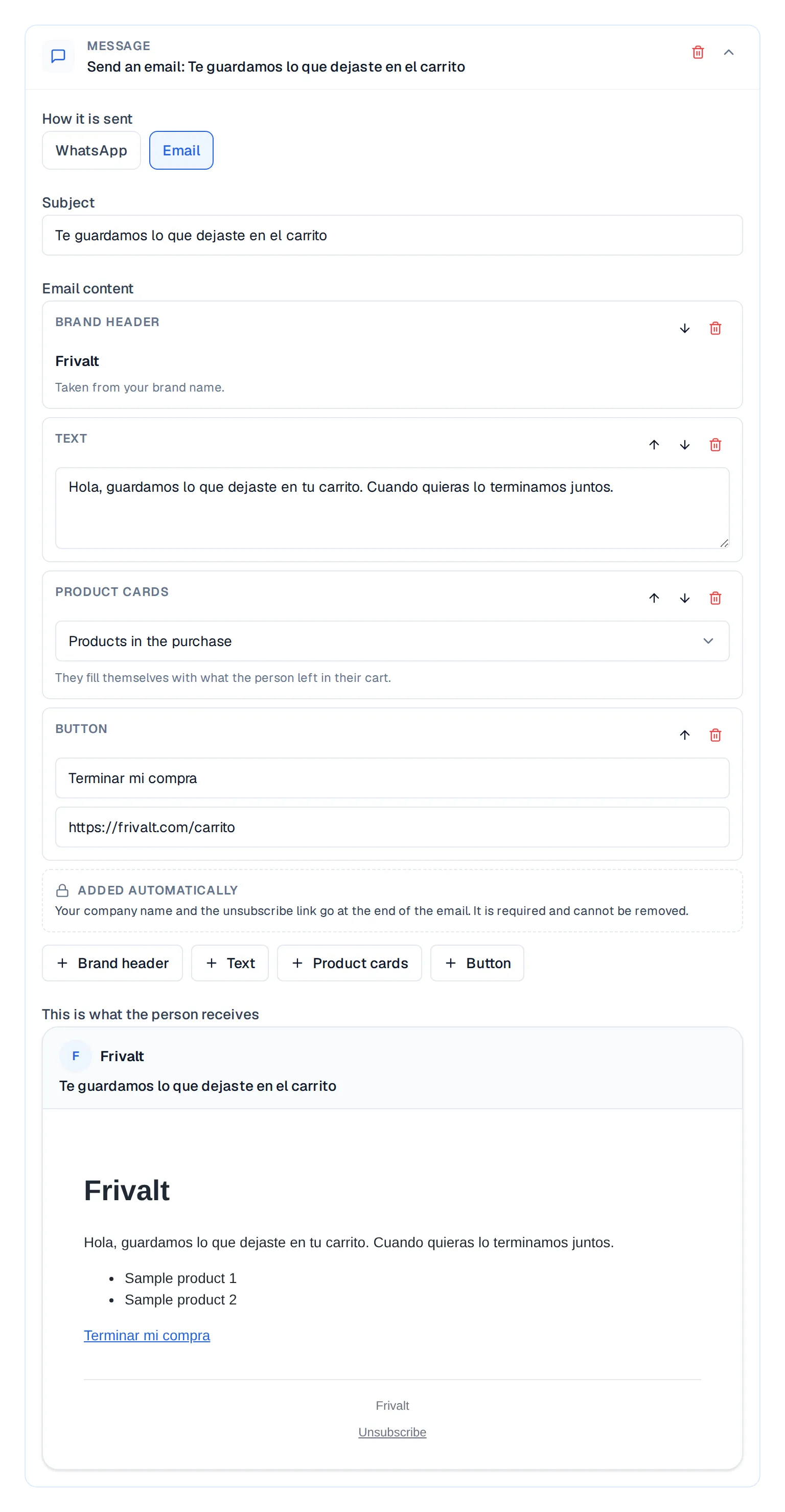 Email step open with subject, content blocks and preview.