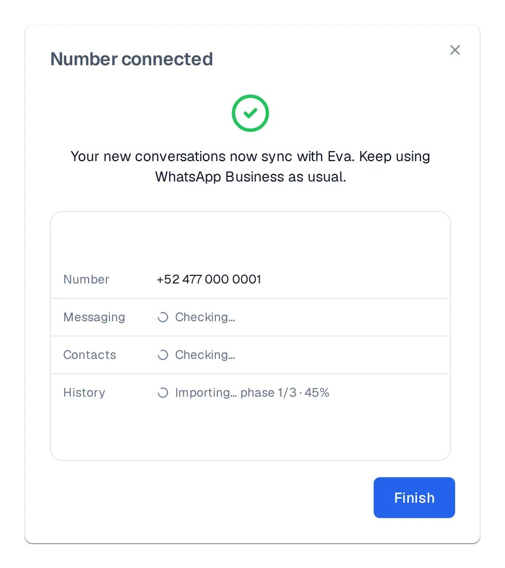 Number connected screen with the green check and the Finish button.