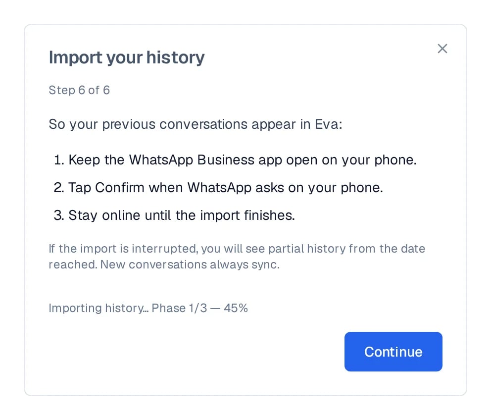 Import your history screen with the three phone steps and the import progress line.