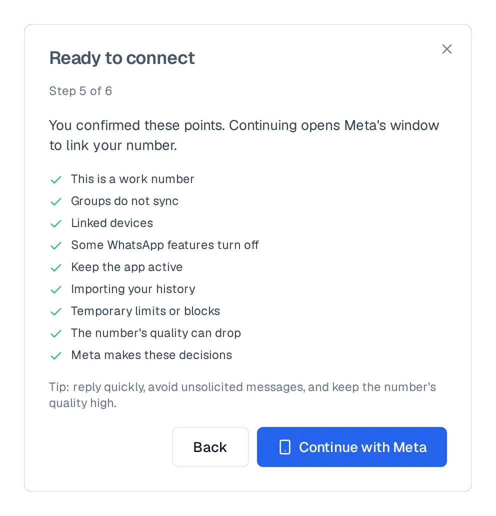 Wizard summary with the nine confirmed points and the Continue with Meta button available.