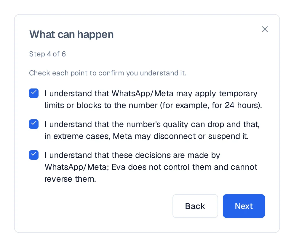 What can happen screen with the three risk confirmations checked: limits, number quality and Meta's decisions.