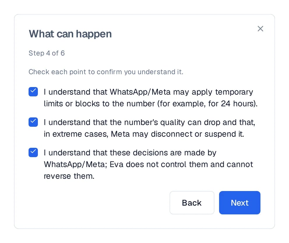 What can happen screen with the three risk confirmations checked: limits, number quality and Meta's decisions.