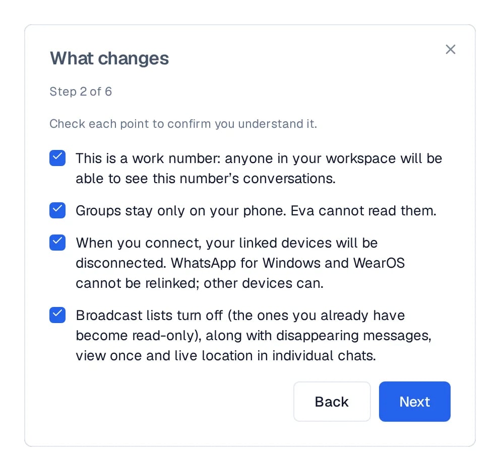What changes screen with the four confirmations checked: visibility, groups, linked devices and the features that turn off.