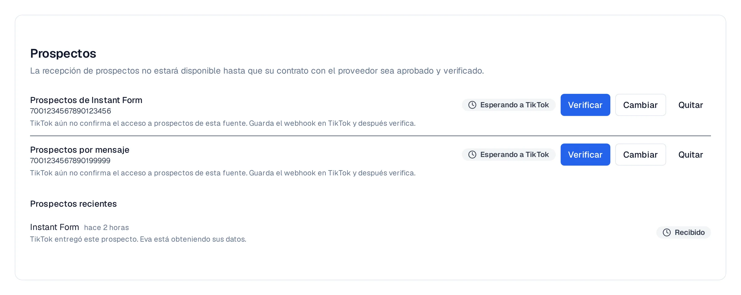 Sección Prospectos de TikTok: las dos fuentes con Verificar, Cambiar y Quitar, y un prospecto reciente marcado Recibido.