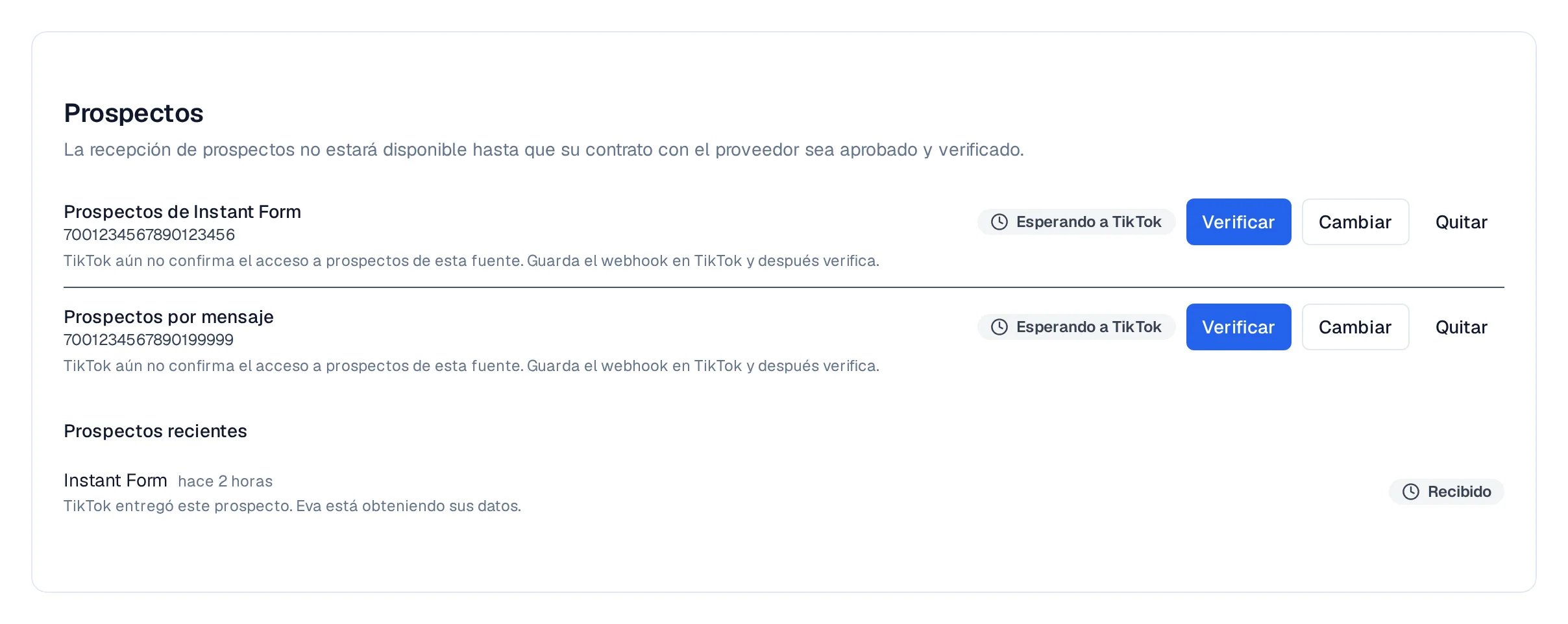 Sección Prospectos de TikTok: las dos fuentes con Verificar, Cambiar y Quitar, y un prospecto reciente marcado Recibido.