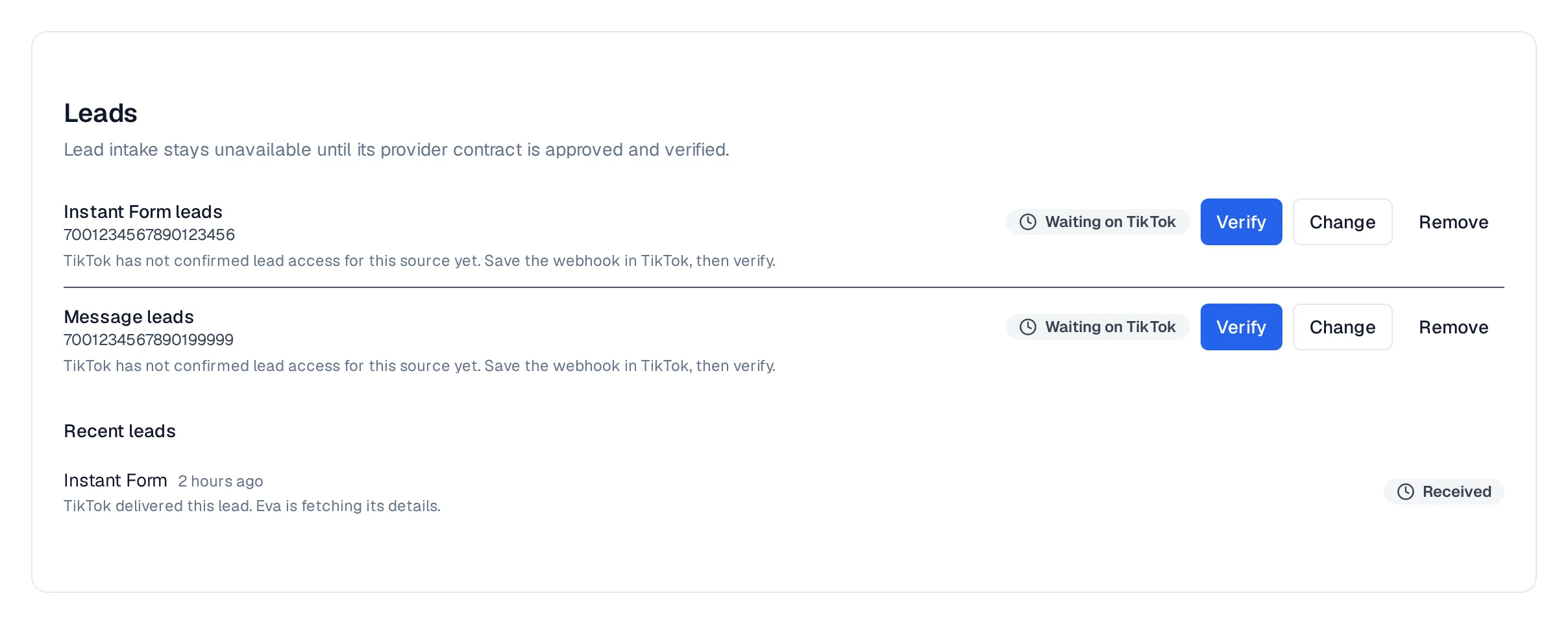 TikTok Leads section: Instant Form leads and Message leads rows with Verify, Change and Remove, and one recent lead marked Received.
