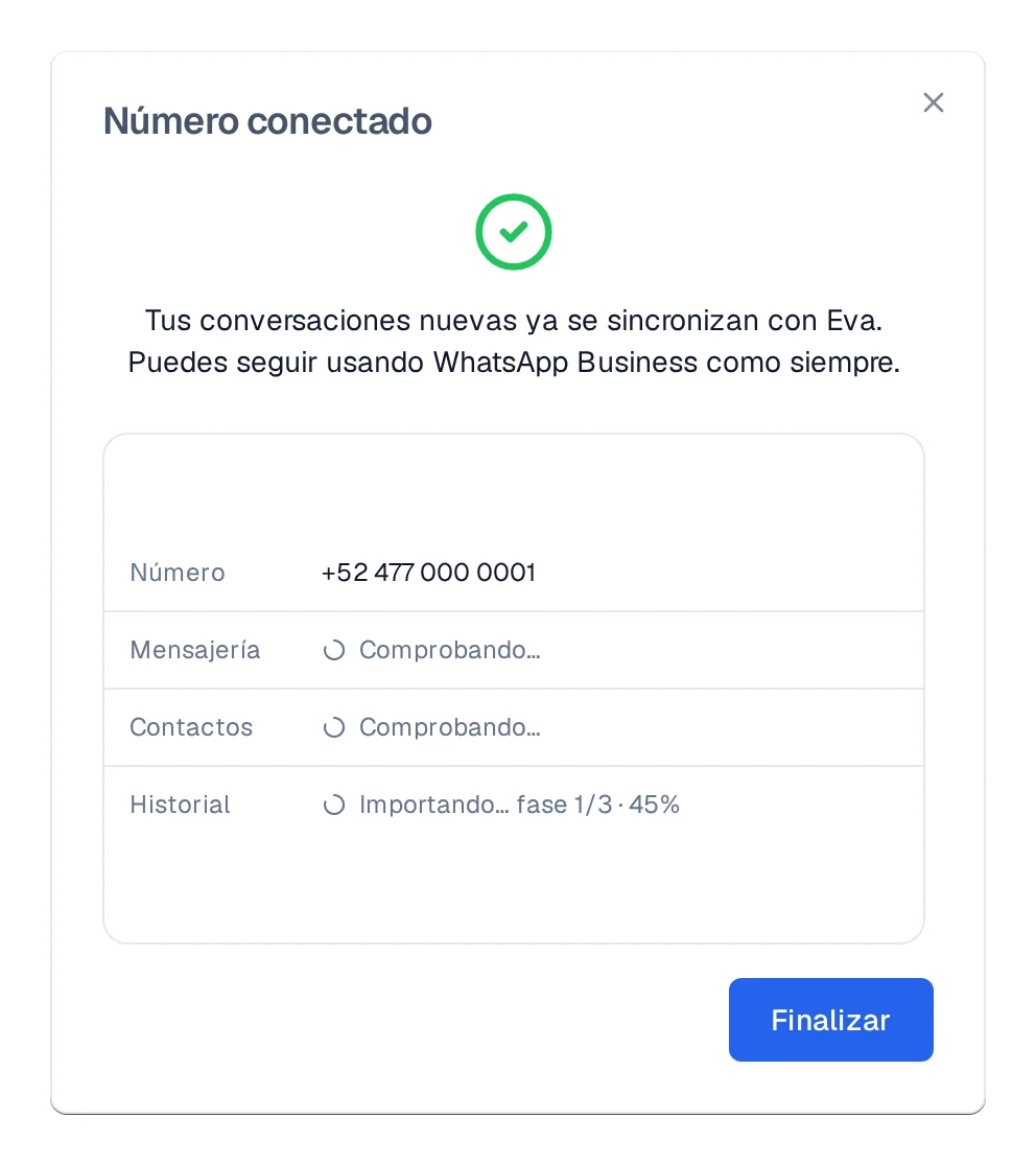 Pantalla Número conectado con la palomita verde y el botón Finalizar.