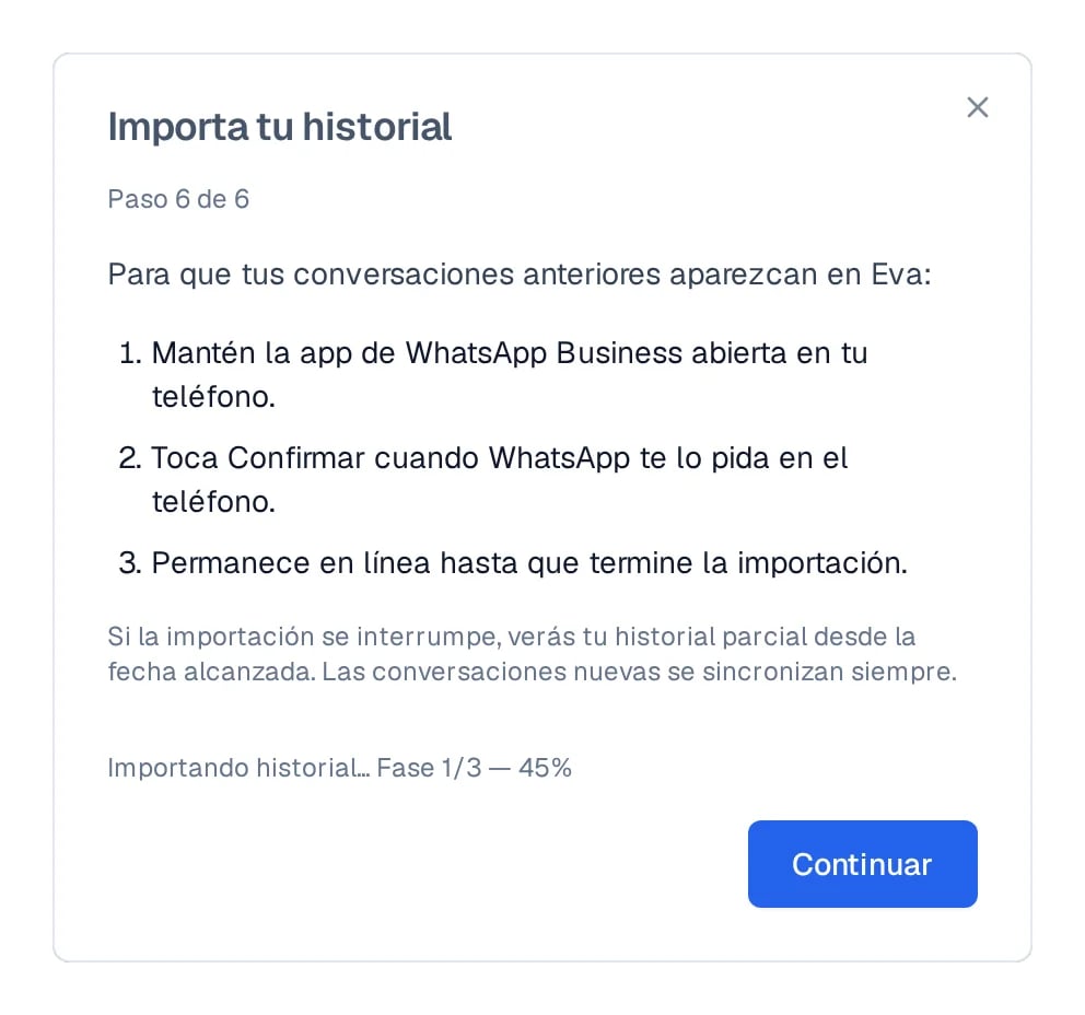 Pantalla Importa tu historial con los tres pasos para el teléfono y la línea de avance de la importación.