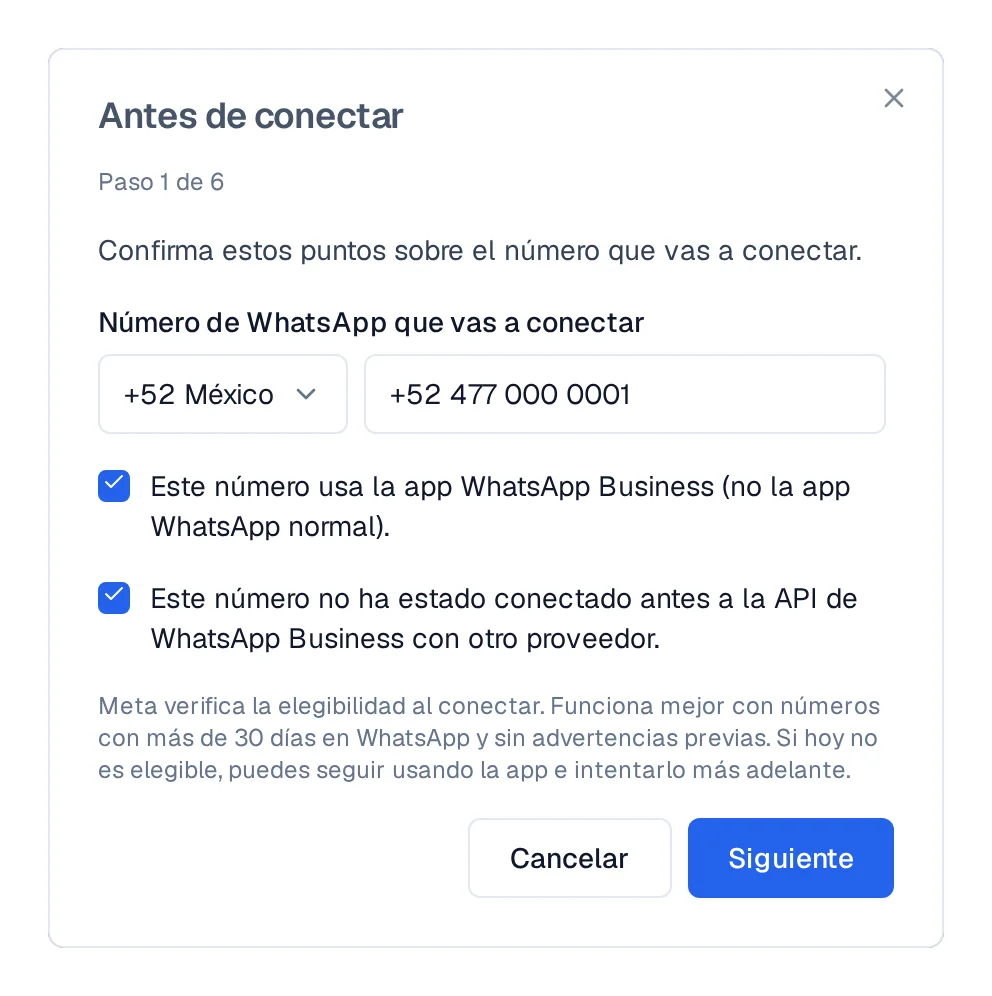 Primera pantalla del asistente con el número capturado y las dos casillas de la revisión previa marcadas.